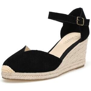 New Tonivis Women Size 7.5 Black Faux Suede Wedge Espadrille Ankle Strap Sandals